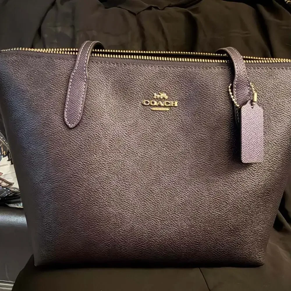 Coach Leather Zip Top Tote Bag Black